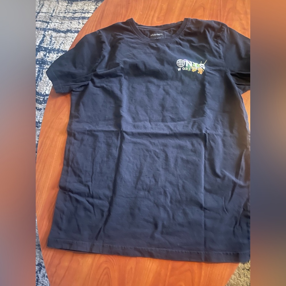 Denim & Flower Navy Short Sleeve Tee with Small Multicolor Chest Graphic